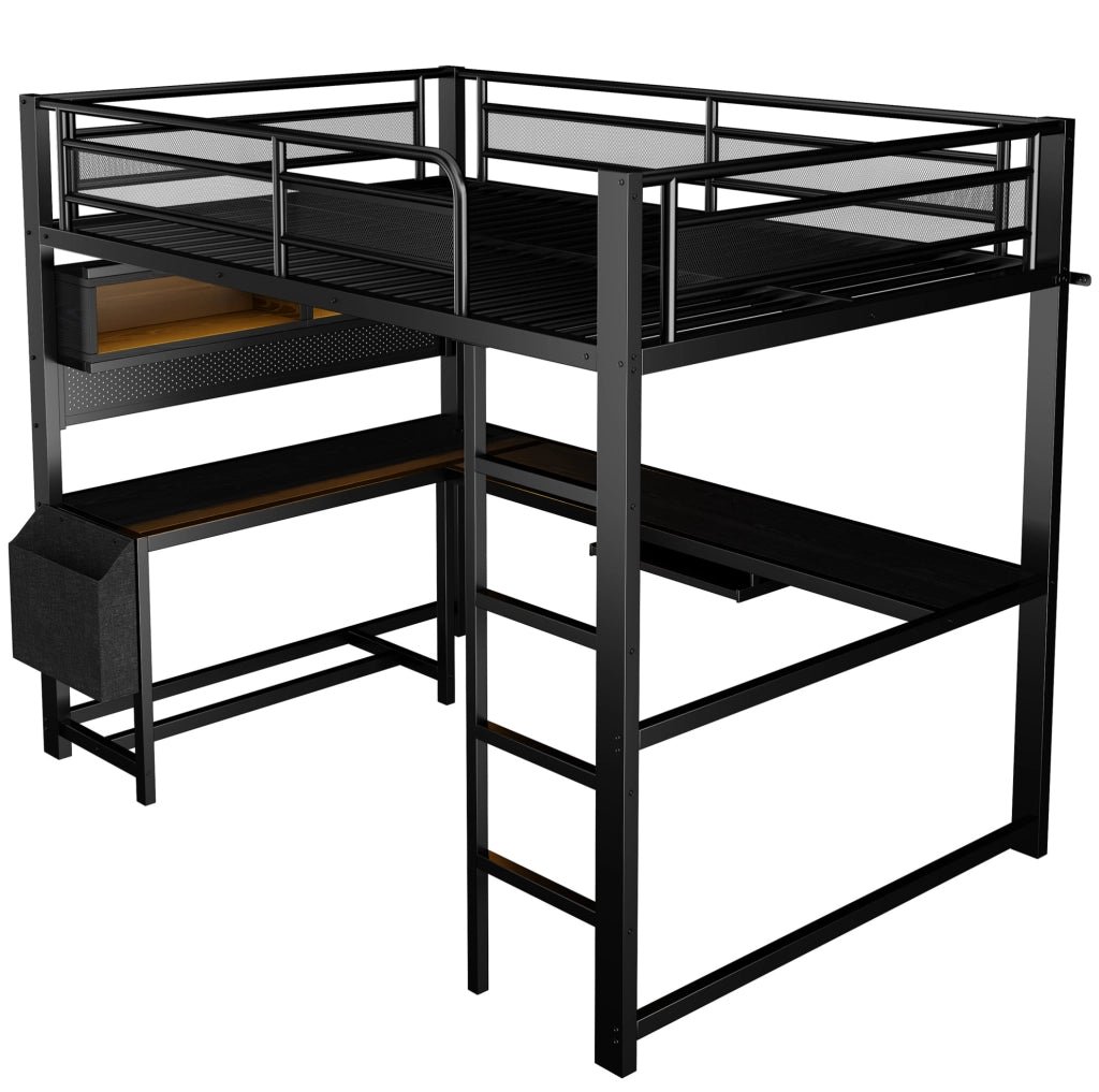 Letto a soppalco gaming 140x200 cm con scrivania, LED e prese USB in nero