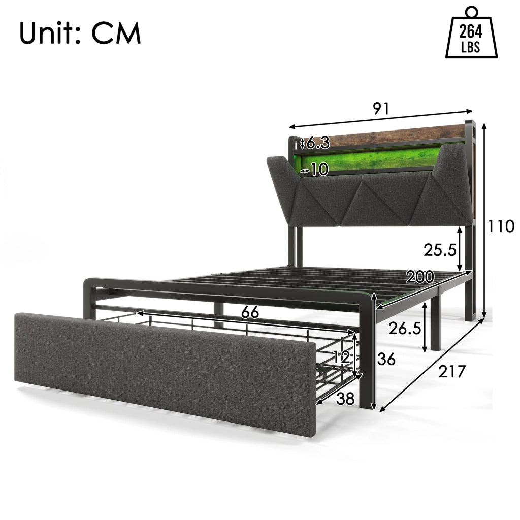 Letto singolo 90x200 grigio con LED, USB-C, cassetto e materasso