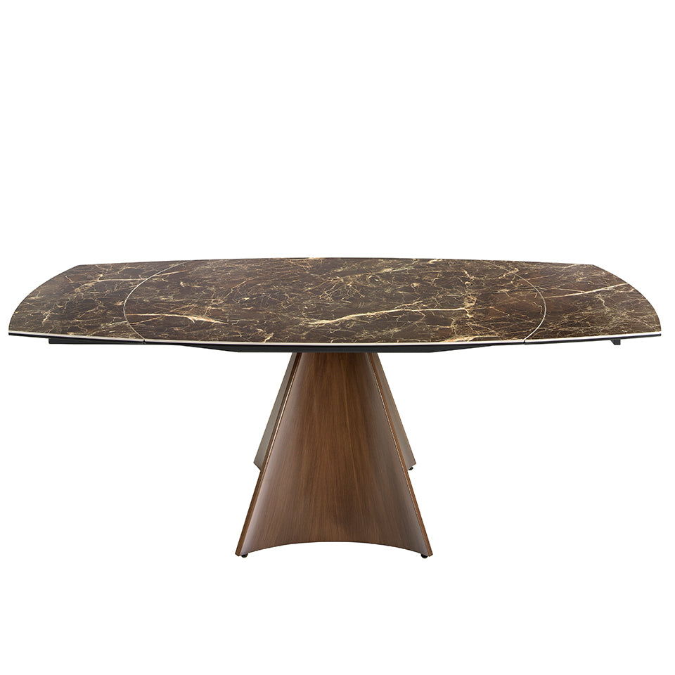 Tavolo da pranzo allungabile barile ovale marmo porcellanato e acciaio laccato legno di noce