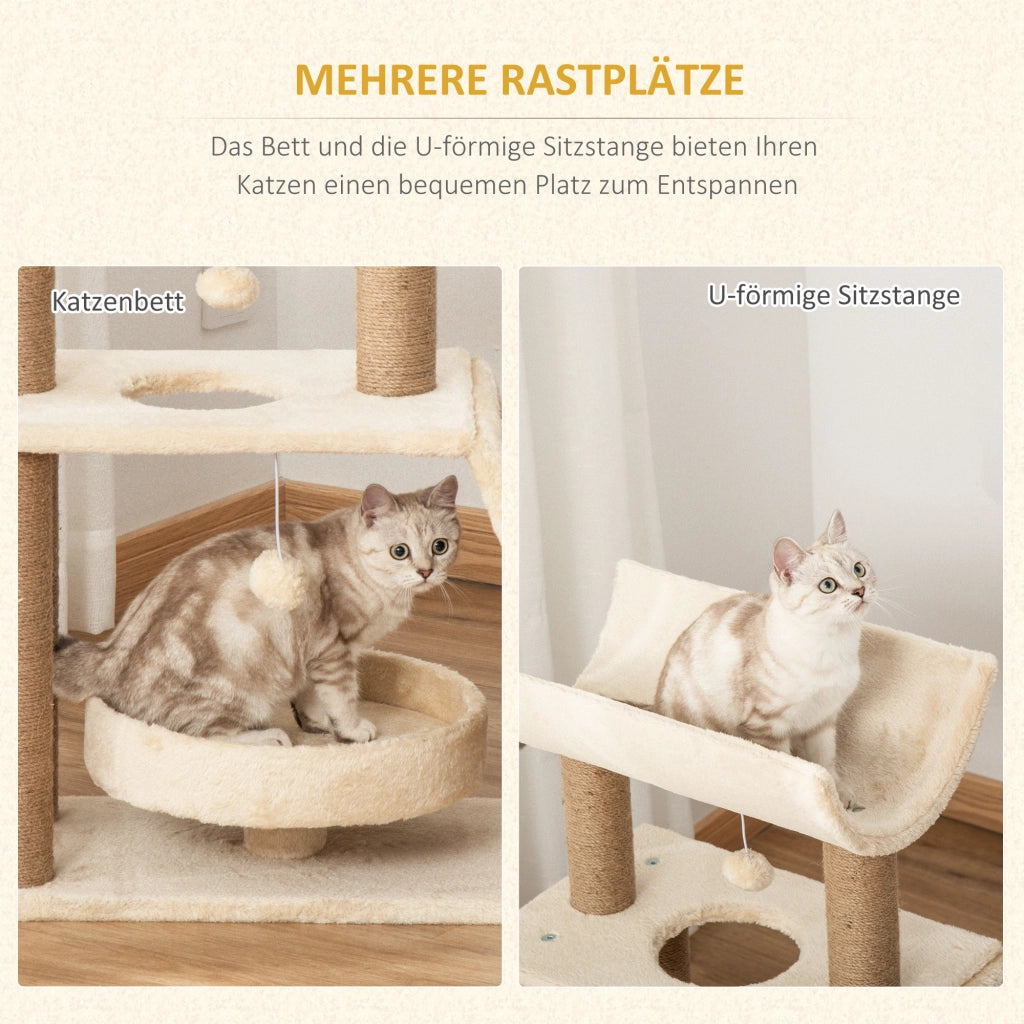 Tiragraffi per Gatti ¨C Xylo ¨C con Giochi e Cuccia, 60x30x76 cm, Crema e Naturale