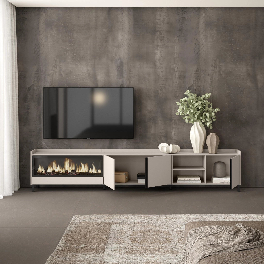 Mobile TV Soggiorno, 315x61x35 cm, Per TV fino a 80", Camino elettrico XXL, Design industriale, Beige