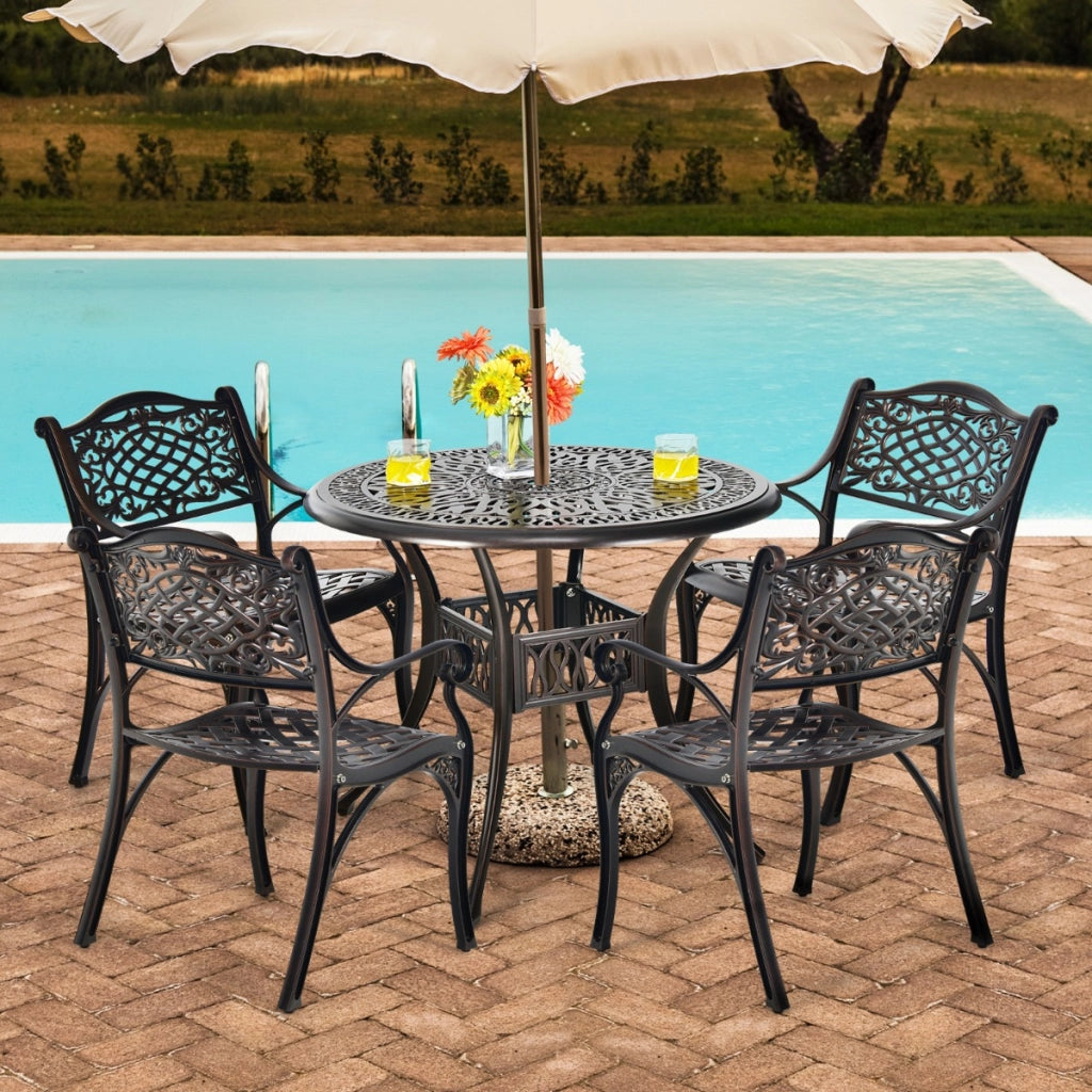 Tavolo da bistro in alluminio fuso con foro per ombrellone da 5 cm per giardino, Tavolo da pranzo da patio 91 cm Bronzo antico-Tavoli da esterno