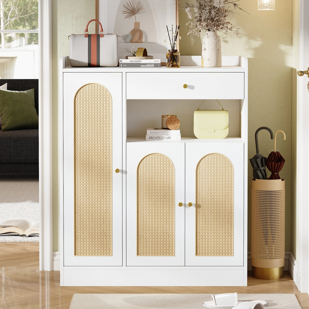 Mobile portascarpe moderno in rattan con 3 ante, 1 cassetto e ripiani regolabili, struttura in MDF/ truciolare, 90 x 35 x 110 cm, bianco/naturale