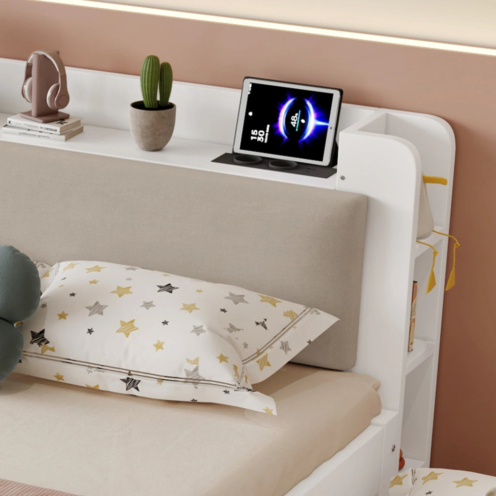 Letto funzionale in legno 120x200 cm con letto estraibile e testiera imbottita