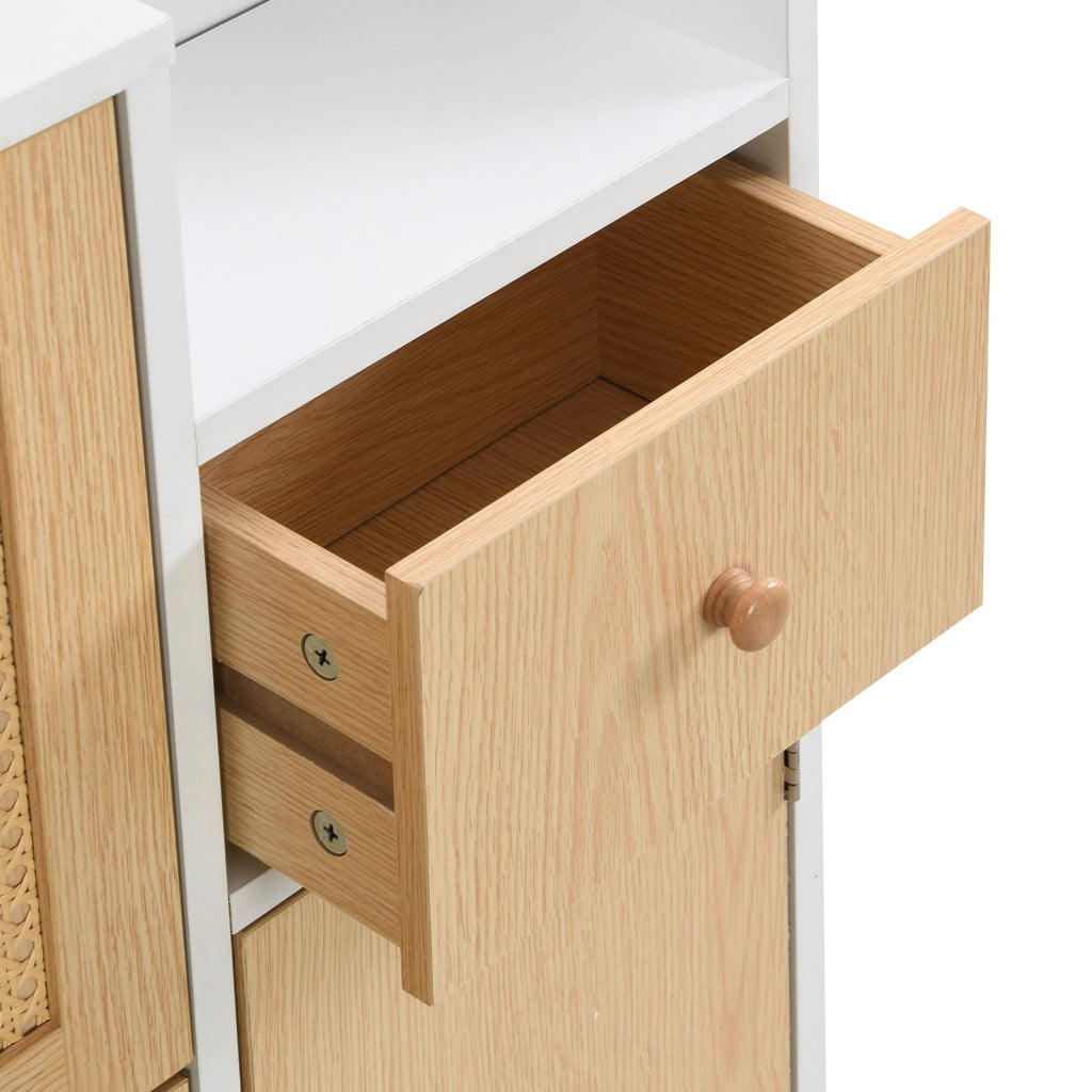 OKWISH Scarpiera con 3 Ante a Ribalta e 1 Cassetto, Ripiani Regolabili, per Ingresso, MDF, Naturale e Bianco, 90 x 17 x 125 cm