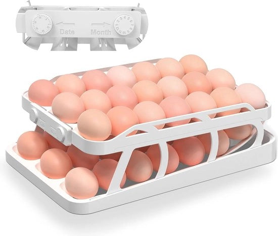 Eierhouder per frigorifero, doppia fila di uova, conservazione, frigorifero, doppia eierholder automatica, organizzatore a rotazione per uova, contenitore per uova spaziale per cucina (bianco, 3 file e 2 piani)