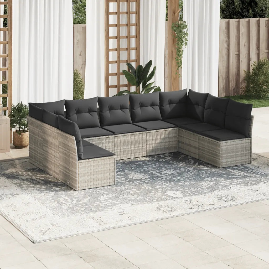 Set Divano da Giardino 9pz con Cuscini Grigio Chiaro Polyrattan