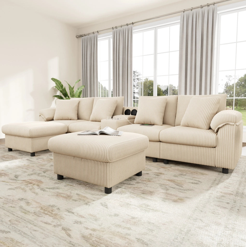 Sofa modulare con Bluetooth; ricarica wireless; USB e Type-C; contenitore; beige