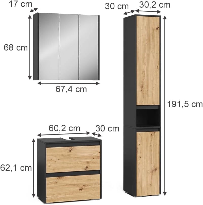 Set di mobili da bagno Majest, Antracite/Artisan, 3 parti