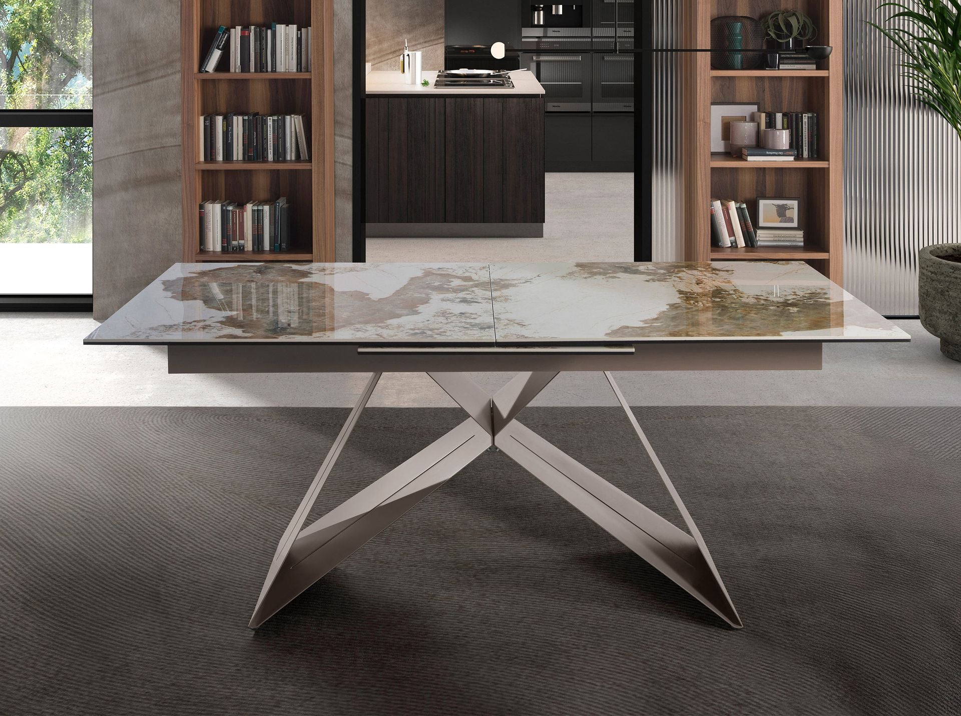 Tavolo da pranzo rettangolare allungabile in marmo porcellanato e acciaio grigio tortora