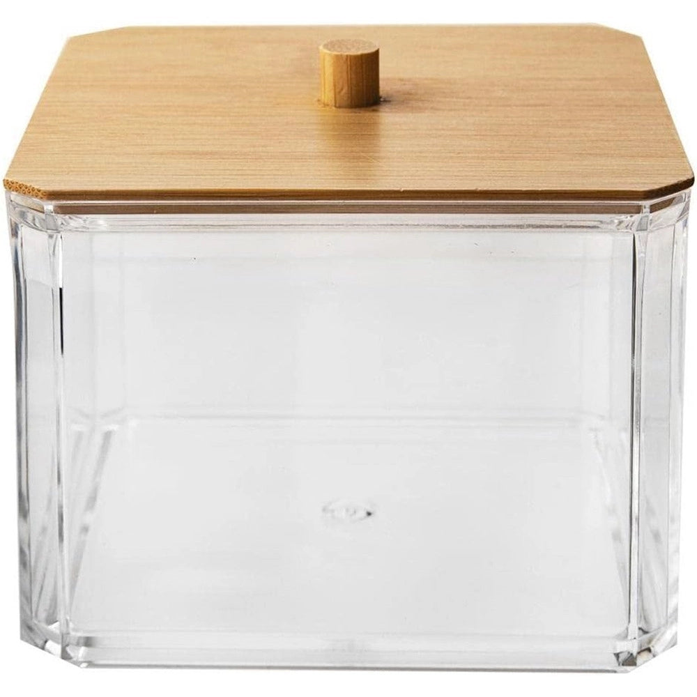 Trade Shop - Contenitore Organizer Cosmetici Toeletta Quadrato Trasparente Con Coperchio In Legno 10826 -