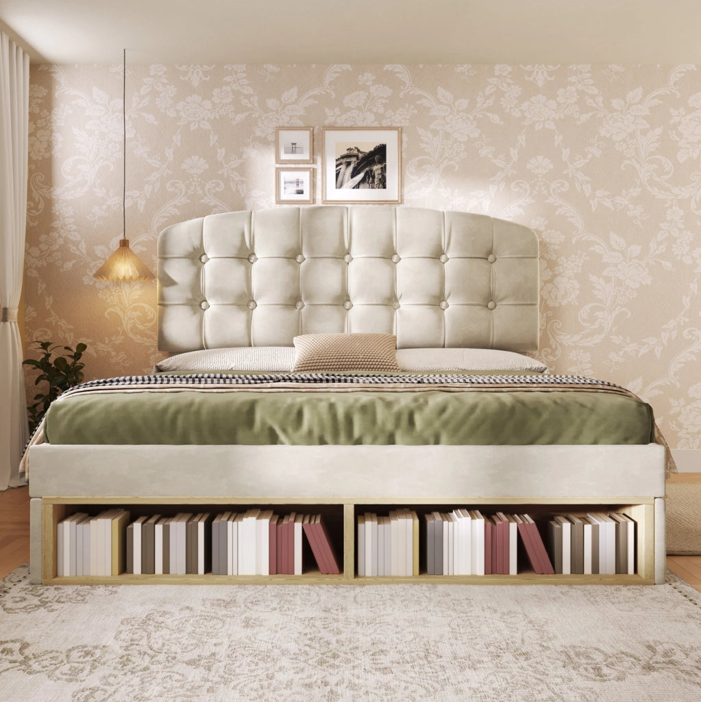 Letto imbottito 140x200 cm con testiera regolabile; cassetti e contenitori; velluto beige