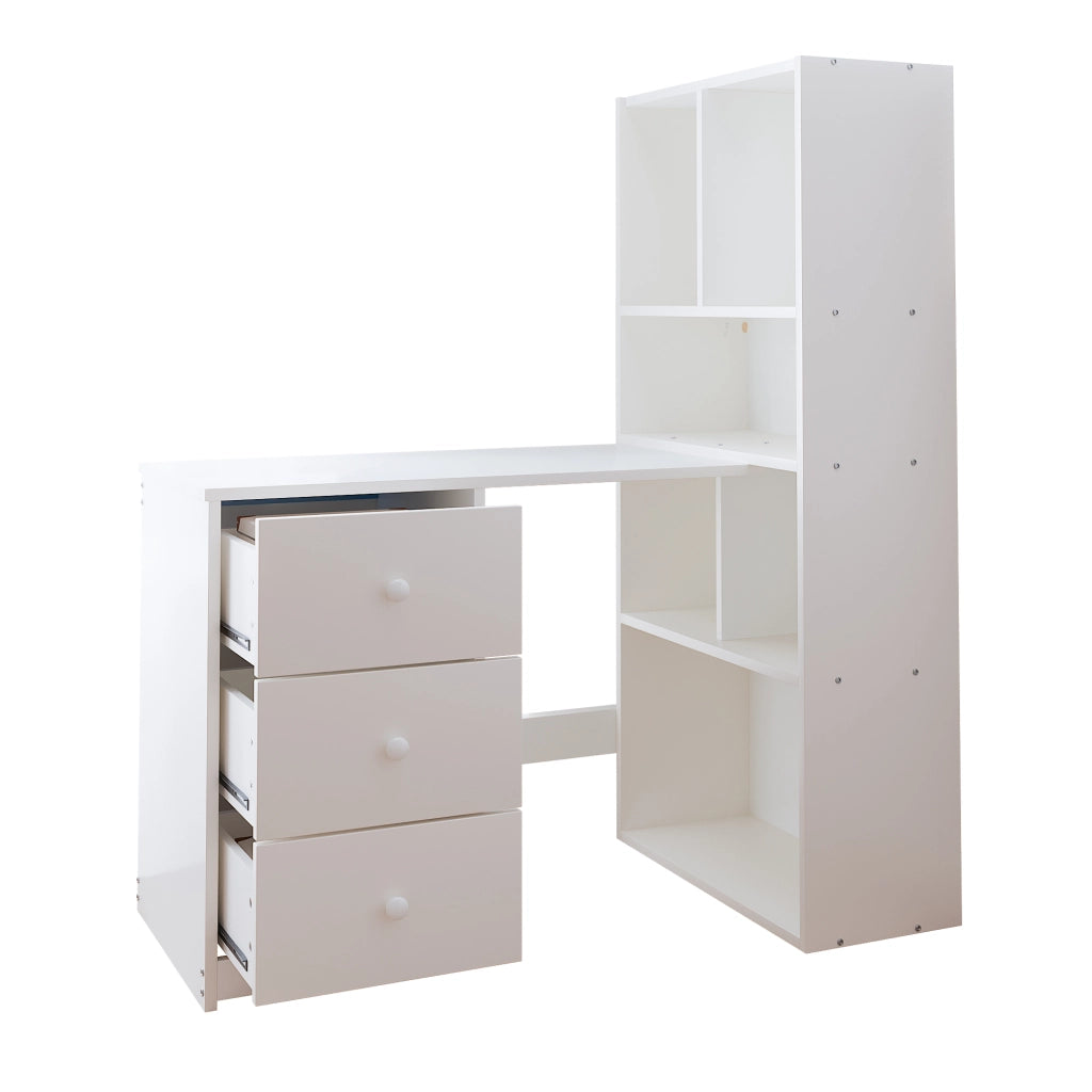 Scrivania angolare con libreria 4 ripiani e 3 cassetti per home office in legno bianco 117 × 63 × 135 cm