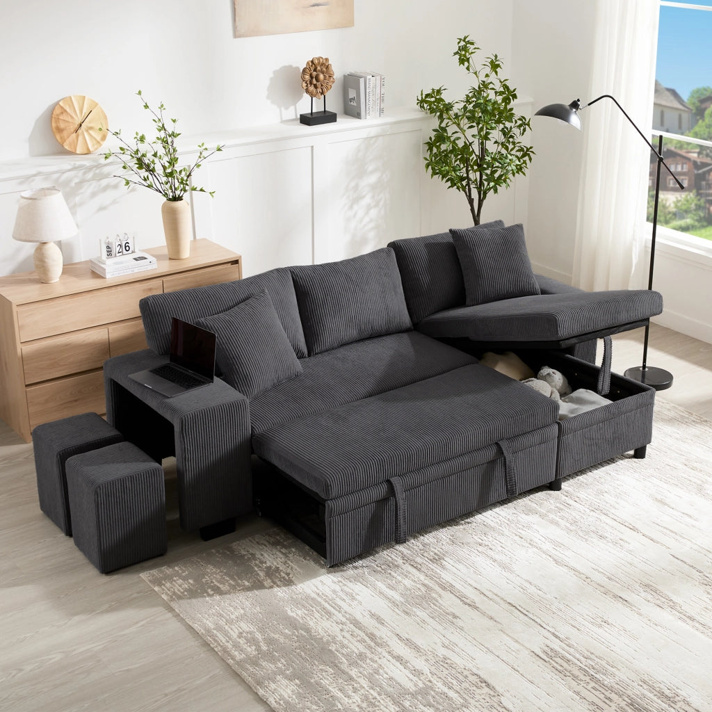 Divano Letto Angolare 3 Posti con Contenitore, USB e Cuscini ¨C MINIMAL ¨C Grigio