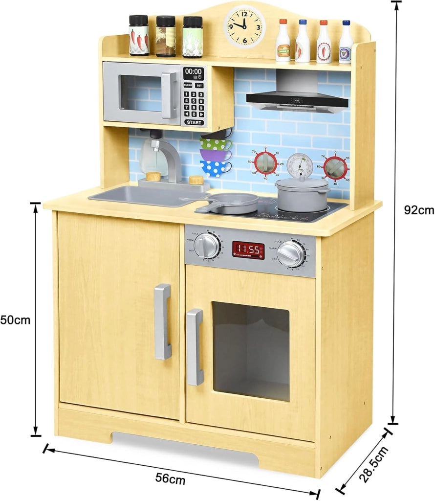 Cucina giocattolo per bambini in legno con piano cottura, forno a microonde, rubinetto, lavandino e accessori da cucina, giocattolo per bambini a partire dai 3 anni, 56 x 28,5 x 92 cm