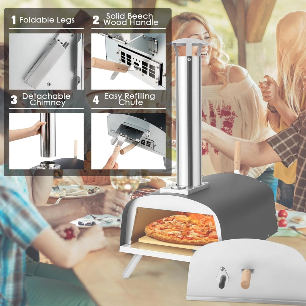 Forno per pizza all'aperto, portatile a legna con pietra per pizza, termometro, forno per pizza in acciaio inox, forno per pizza per barbecue e campeggio