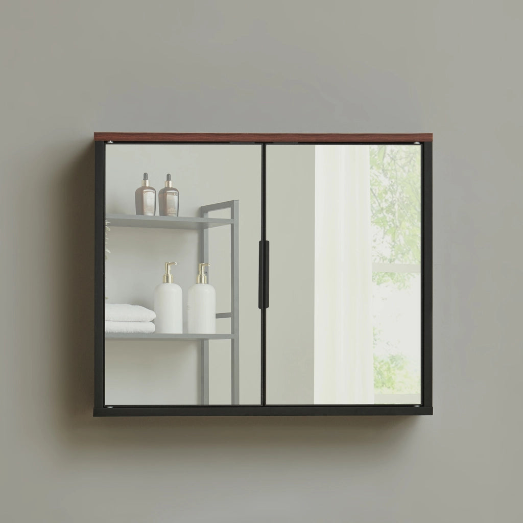Mobiletto da Parete Trond con 2 Ante a Specchio Armadietto Pensile da Bagno 50 x 60 x 15 cm - Nero/Effetto Noce [en.casa]