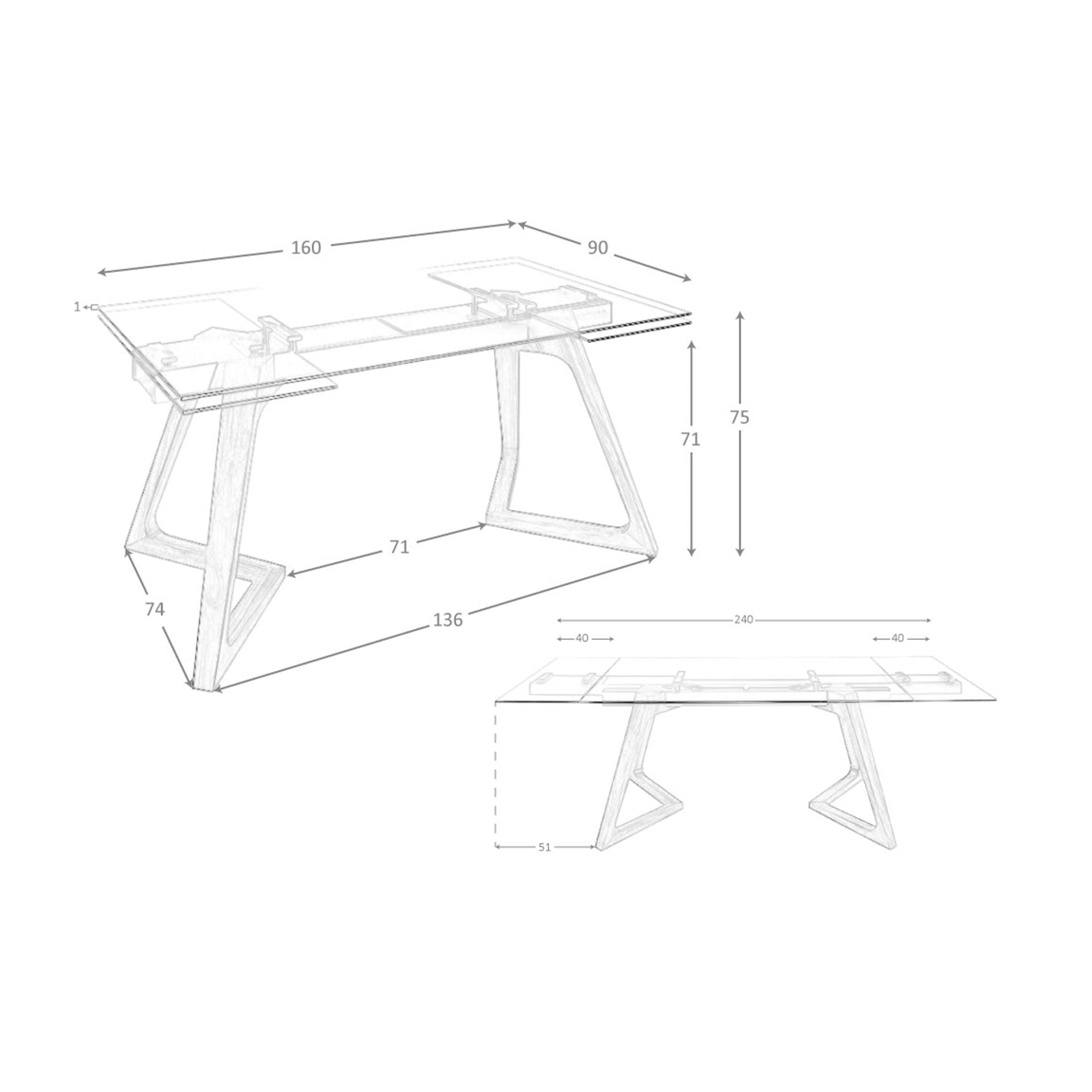 Tavolo da pranzo allungabile rettangolare vetro temperato e noce