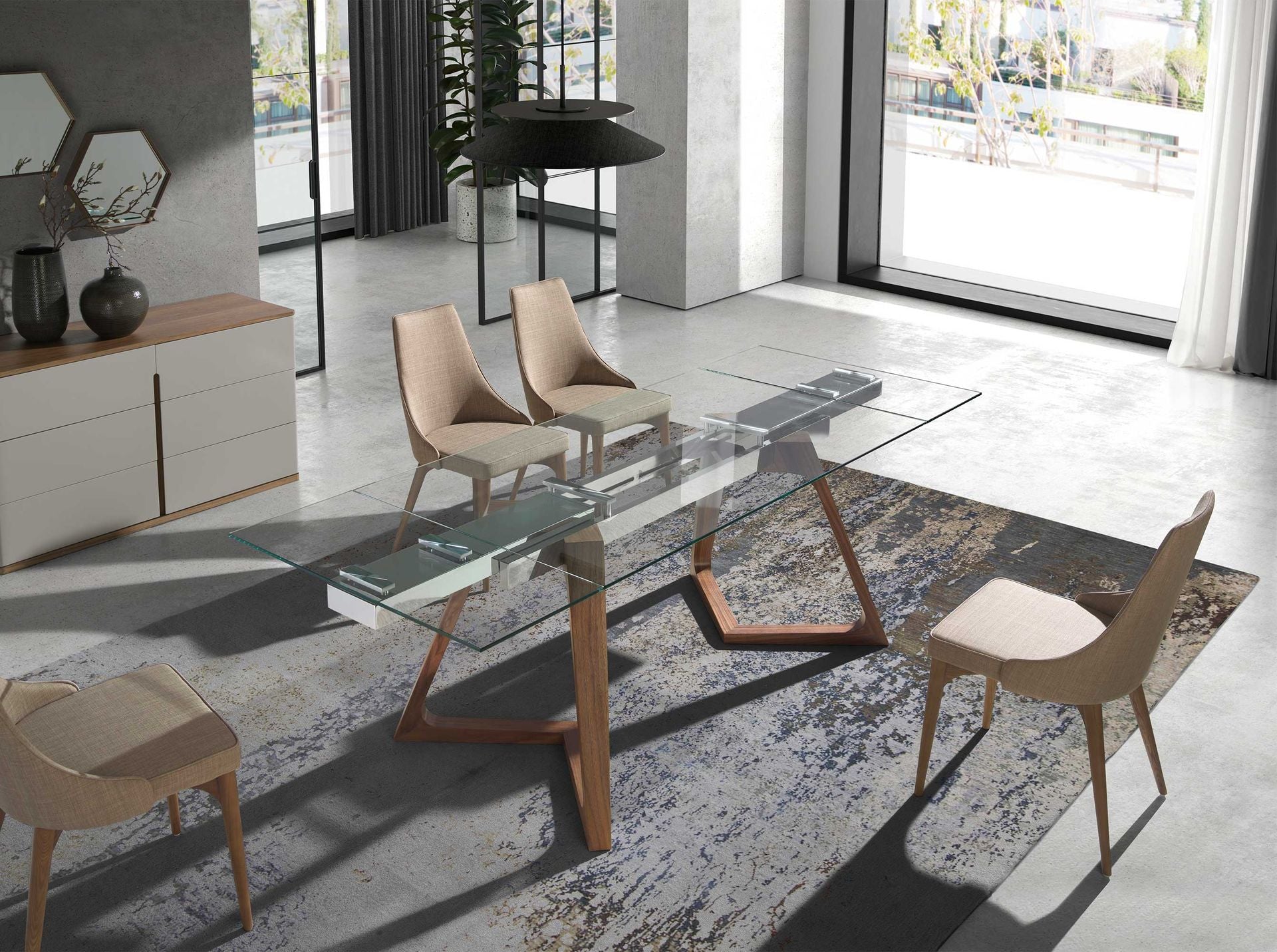 Tavolo da pranzo allungabile rettangolare vetro temperato e noce