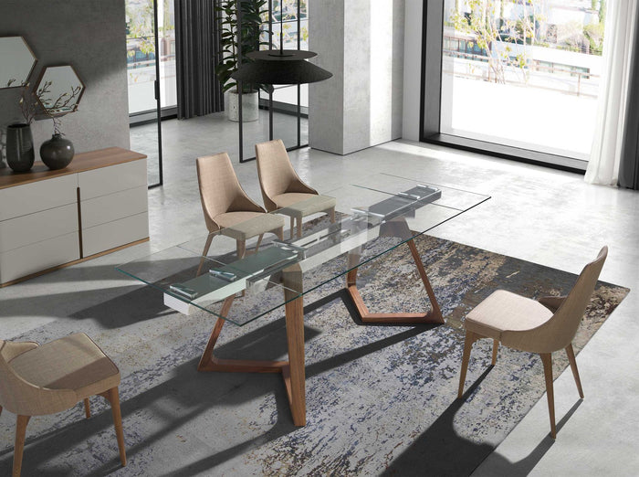 Tavolo da pranzo allungabile rettangolare vetro temperato e noce