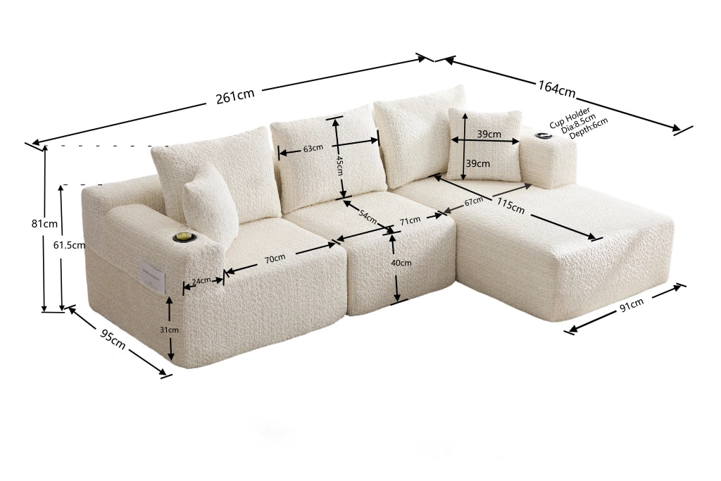 Divano angolare modulare in ciniglia con tasche laterali e seduta ampia, senza montaggio, beige 261 × 165 × 80 cm