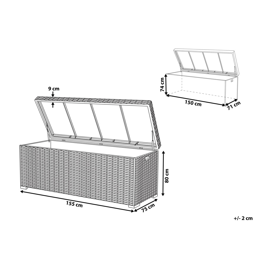 Cesta baule portaoggetti da esterno Marrone finto rattan Cuscino da giardino da giardino 155 x 75 cm