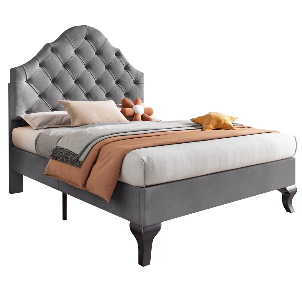 Letto Singolo 90x200 cm; 1 Posto - Testiera Imbottita; Rete in Legno - in Velluto - Grigio
