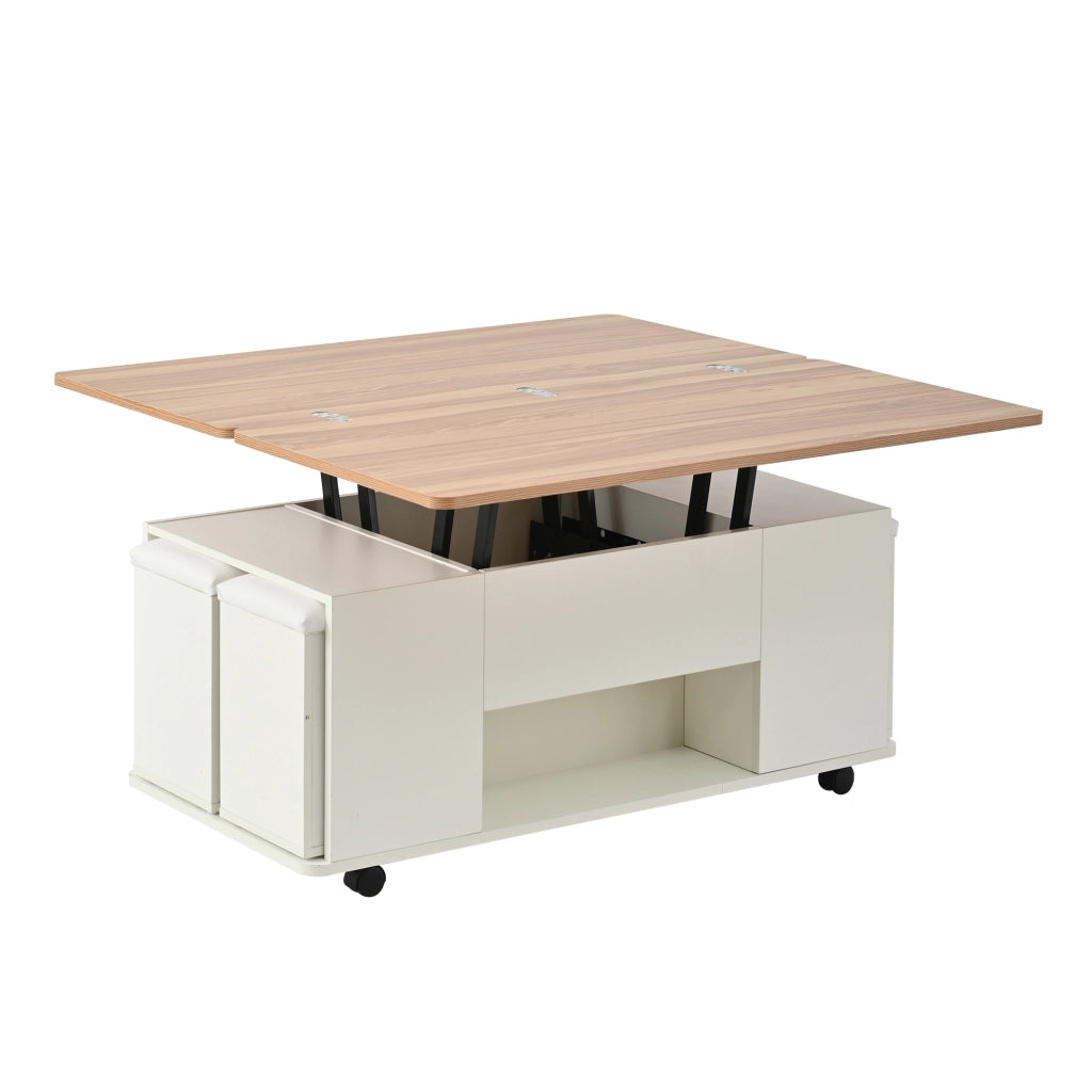 Tavolino da salotto sollevabile e allungabile con 4 sgabelli contenitore, bianco e effetto legno, 100x50 cm