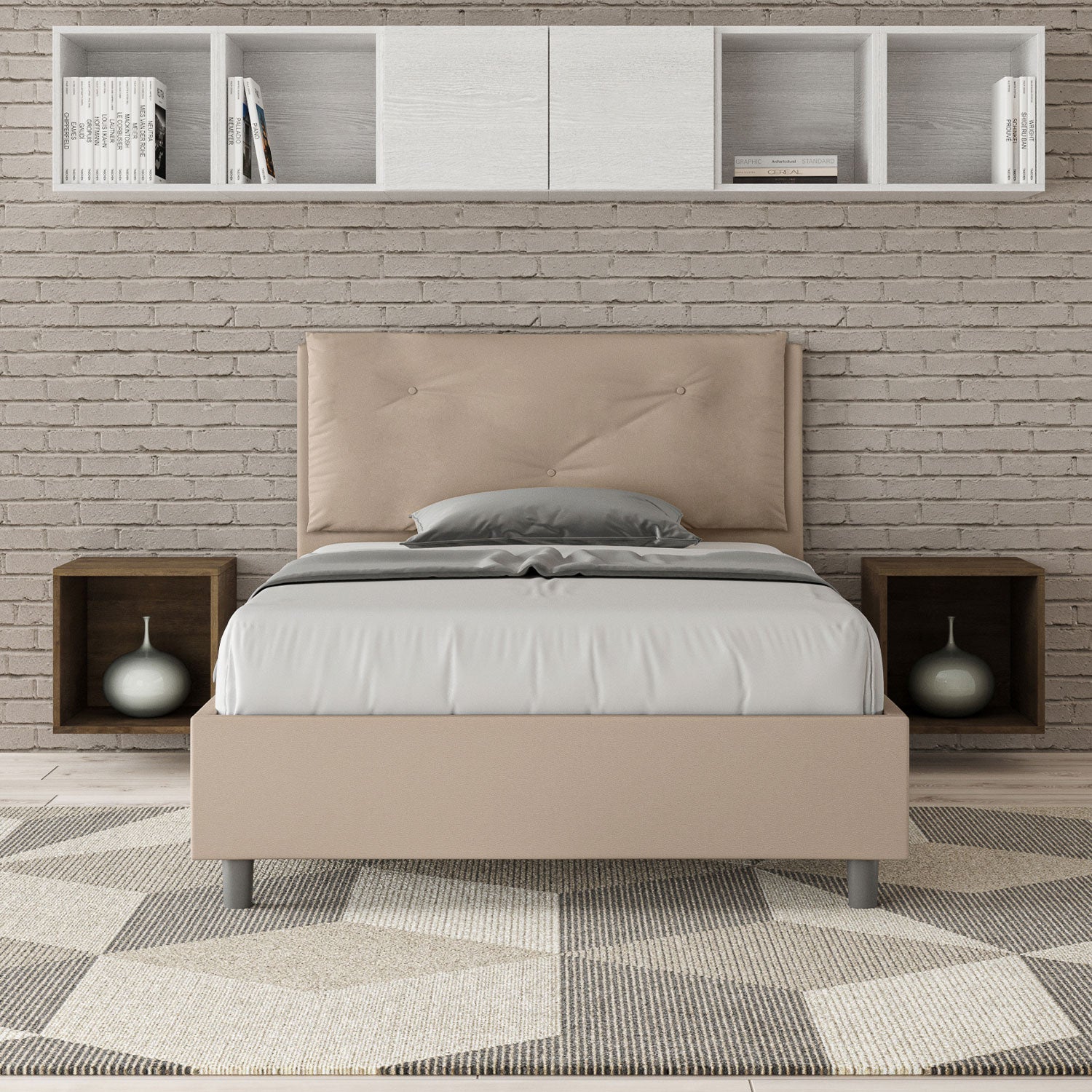 Letto 1 Piazza E Mezzo 120x210 cm Senza Rete Imbottito in Similpelle Appia Large Tortora