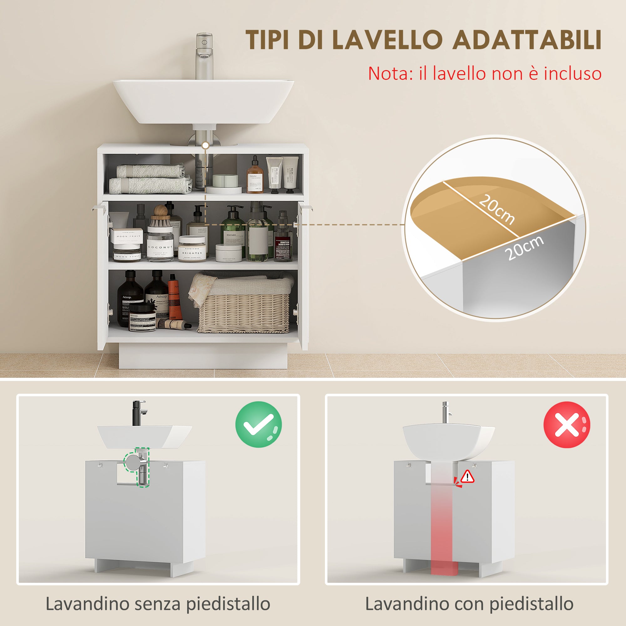 Mobile Sotto Lavabo Bagno 60x33x63 cm Ante Design Canettato in MDF Bianco