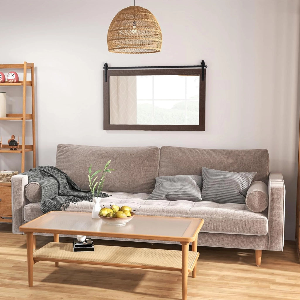 Specchio da Parete 100 x 66 cm, Specchio Rettangolare con Cornice in Legno Massiccio e Staffa in Metallo, Decorazione da Parete per Soggiorno Ingresso Bagno, Marrone (Noce)