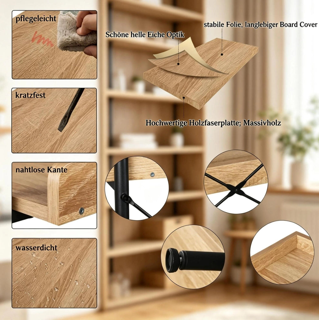 Libreria a 5 ripiani in MDF e metallo, rovere chiaro e nero