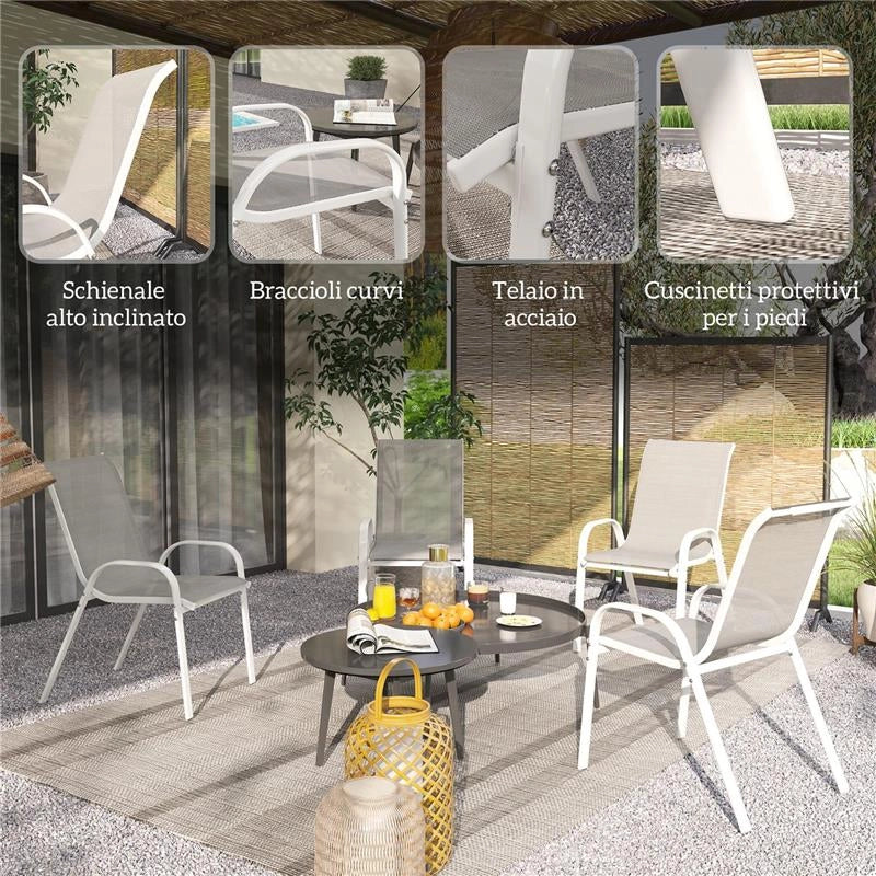 SET 4 SEDIE DA GIARDINO IMPILABILI CON BRACCIOLI CURVI, IN ACCIAIO E TESSUTO TRASPIRANTE, 54X71X93 CM, GRIGIO BIANCO
