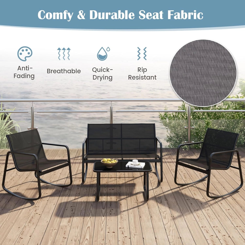 Set di 4 giardino con tavolino da salotto e panca mobile e 2 sedie a dondolo, mobili da balcone in textilene con delicato movimento a dondolo, per 4 persone