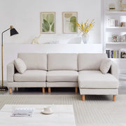 Divano angolare reversibile 3 posti con pouf, seduta modulare e cuscini, in poliestere beige