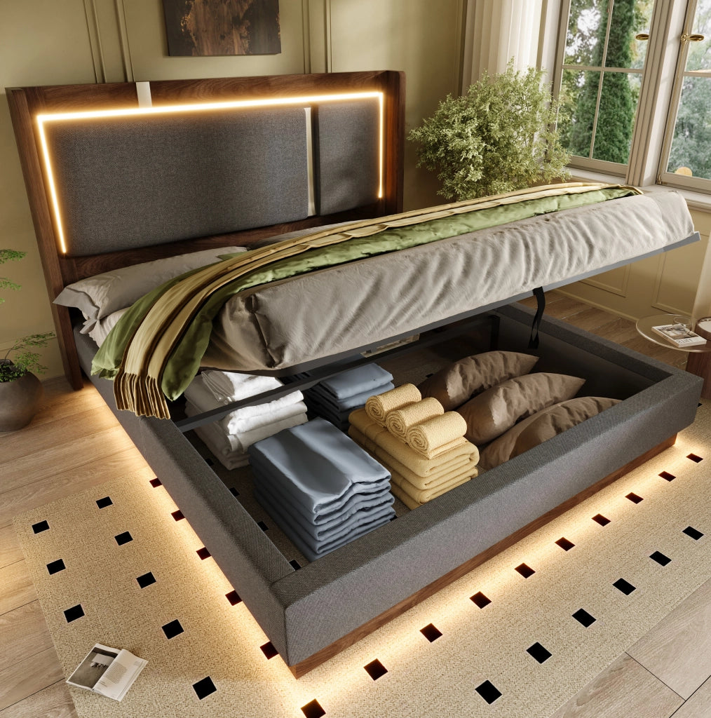 Letto matrimoniale 140x200 con LED, contenitore e rete a doghe