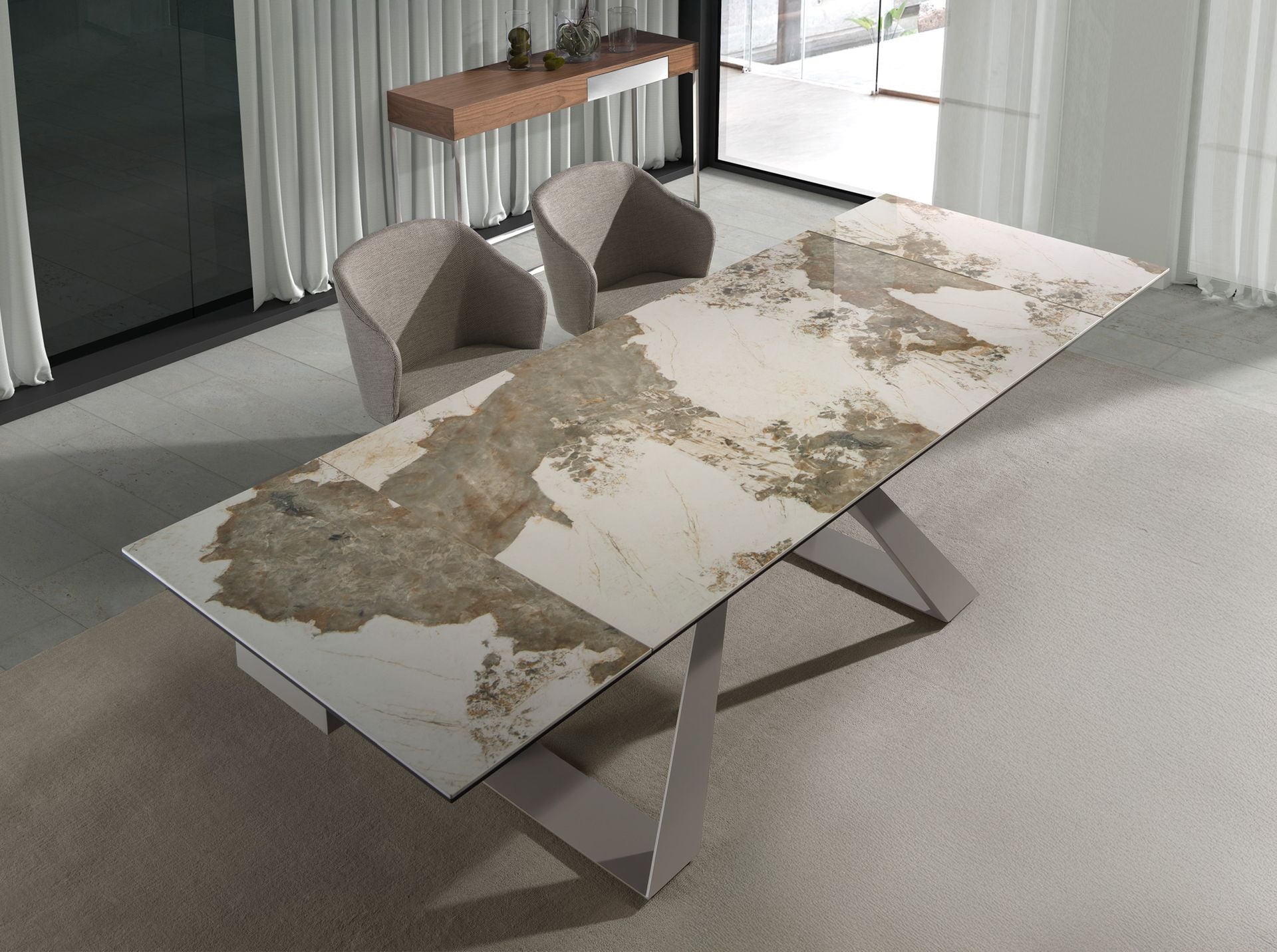 Tavolo da pranzo rettangolare allungabile in marmo porcellanato e acciaio grigio tortora
