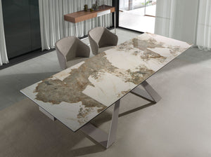 Tavolo da pranzo rettangolare allungabile in marmo porcellanato e acciaio grigio tortora