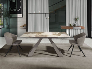 Tavolo da pranzo rettangolare allungabile in marmo porcellanato e acciaio grigio tortora