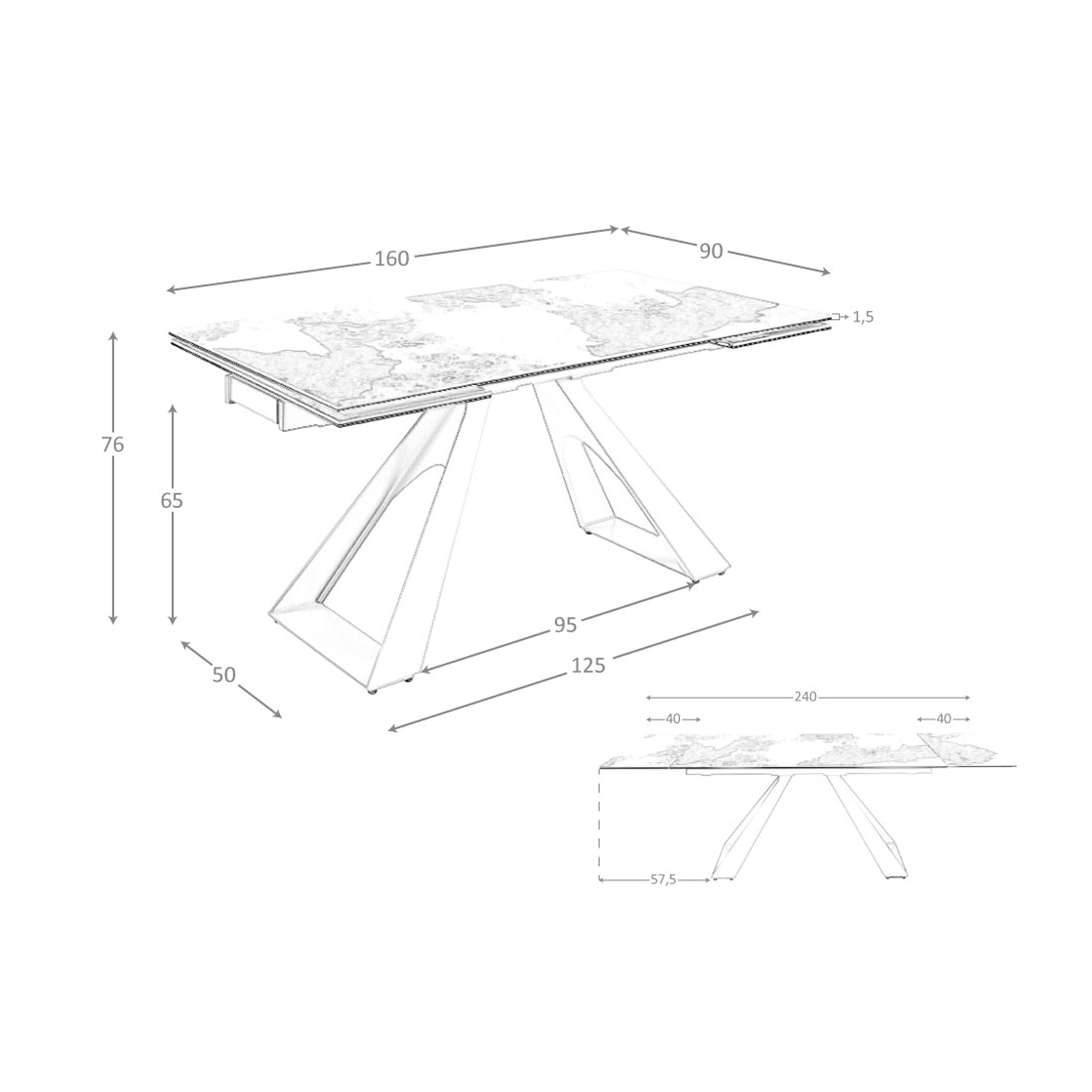 Tavolo da pranzo rettangolare allungabile in marmo porcellanato e acciaio grigio tortora