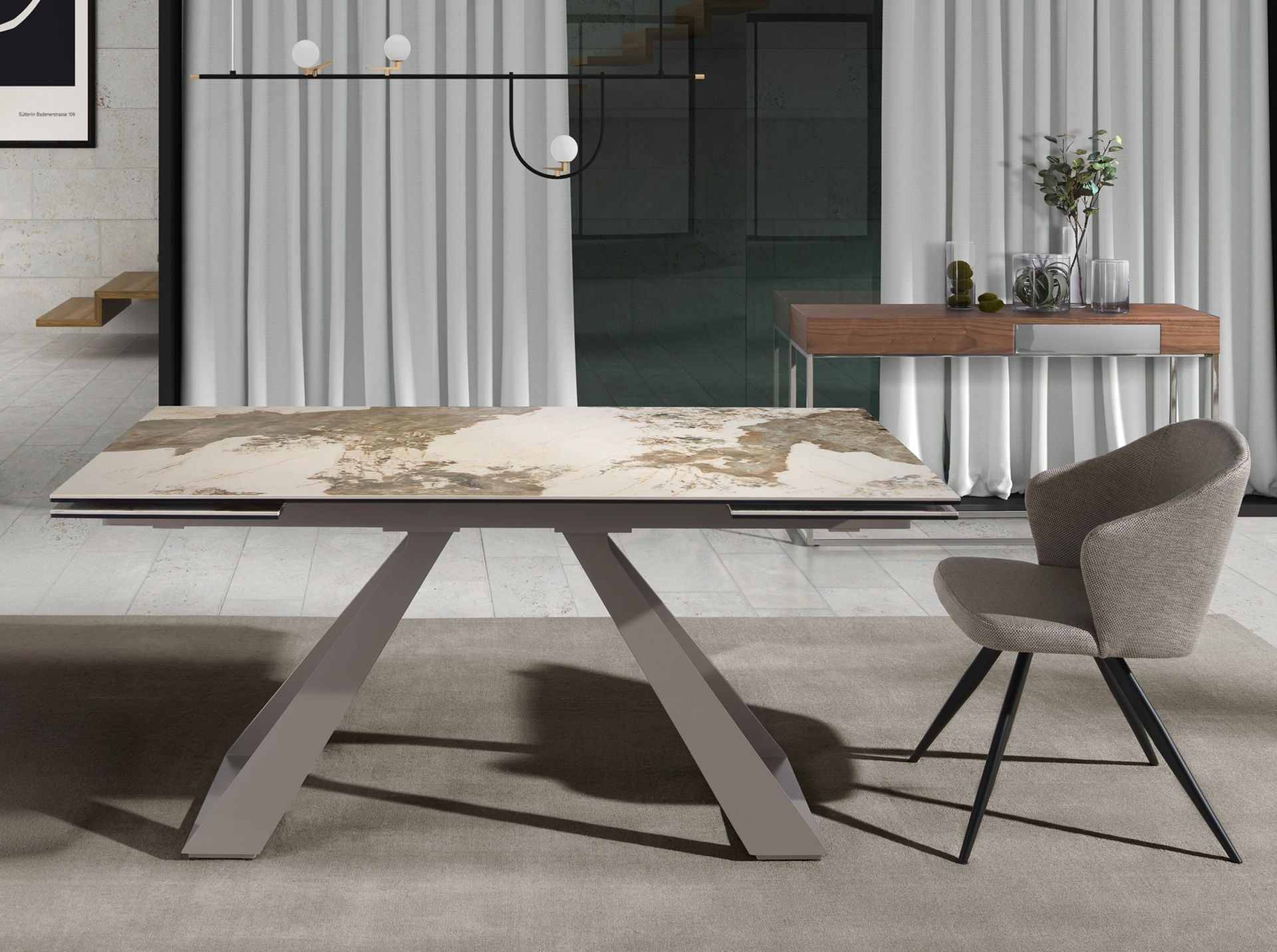 Tavolo da pranzo rettangolare allungabile in marmo porcellanato e acciaio grigio tortora