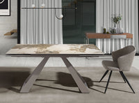 Tavolo da pranzo rettangolare allungabile in marmo porcellanato e acciaio grigio tortora