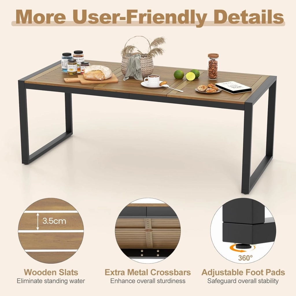 Tavolo da Giardino con Foro per Ombrellone, Tavolo da Pranzo a 8 Posti in Legno di Acacia e Metallo, Tavolo Rettangolare con Piedini Regolabili, per Esterno, Balcone, Cortile, 200x90x75 cm