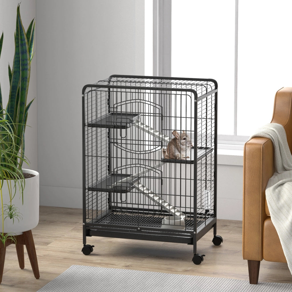 Gabbia per Piccoli Animali con Ruote ¨C zephmum ¨C 3 Rampe, 3 Piattaforme, Nero, 61.5x44x95 cm