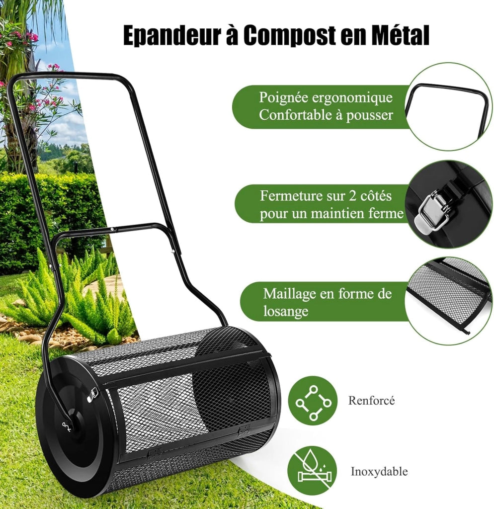 Rullo Spargiconcime Prato da 80L, Spargiconcime a Rullo Ø39 x 68 cm con Manico e Cestello in Rete Metallica, Spargiterriccio da Giardino per Concimazione e Semina (Nero)