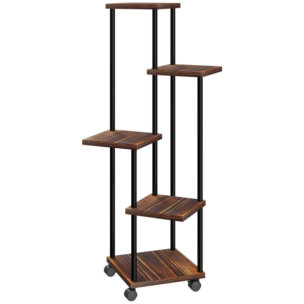 Supporto per piante a 5 livelli con ruote, supporto per fiori da interno/esterno, scaffale per piante in acciaio e legno, portafiori a pi¨´ livelli,