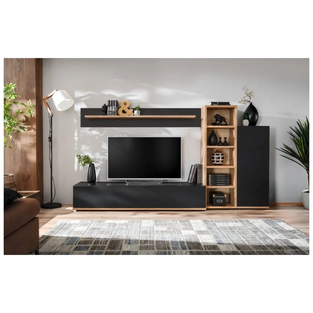 Composizione murale RHYS – Mobile TV, colonne e scaffali – Rovere Ribbeck e nero opaco