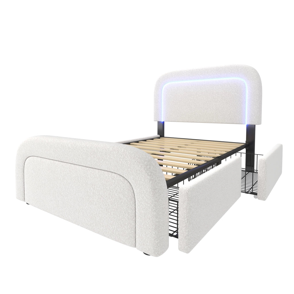 Letto singolo imbottito 90x200 cm in Sherpa bianco con USB Tipo C, LED e 2 cassetti