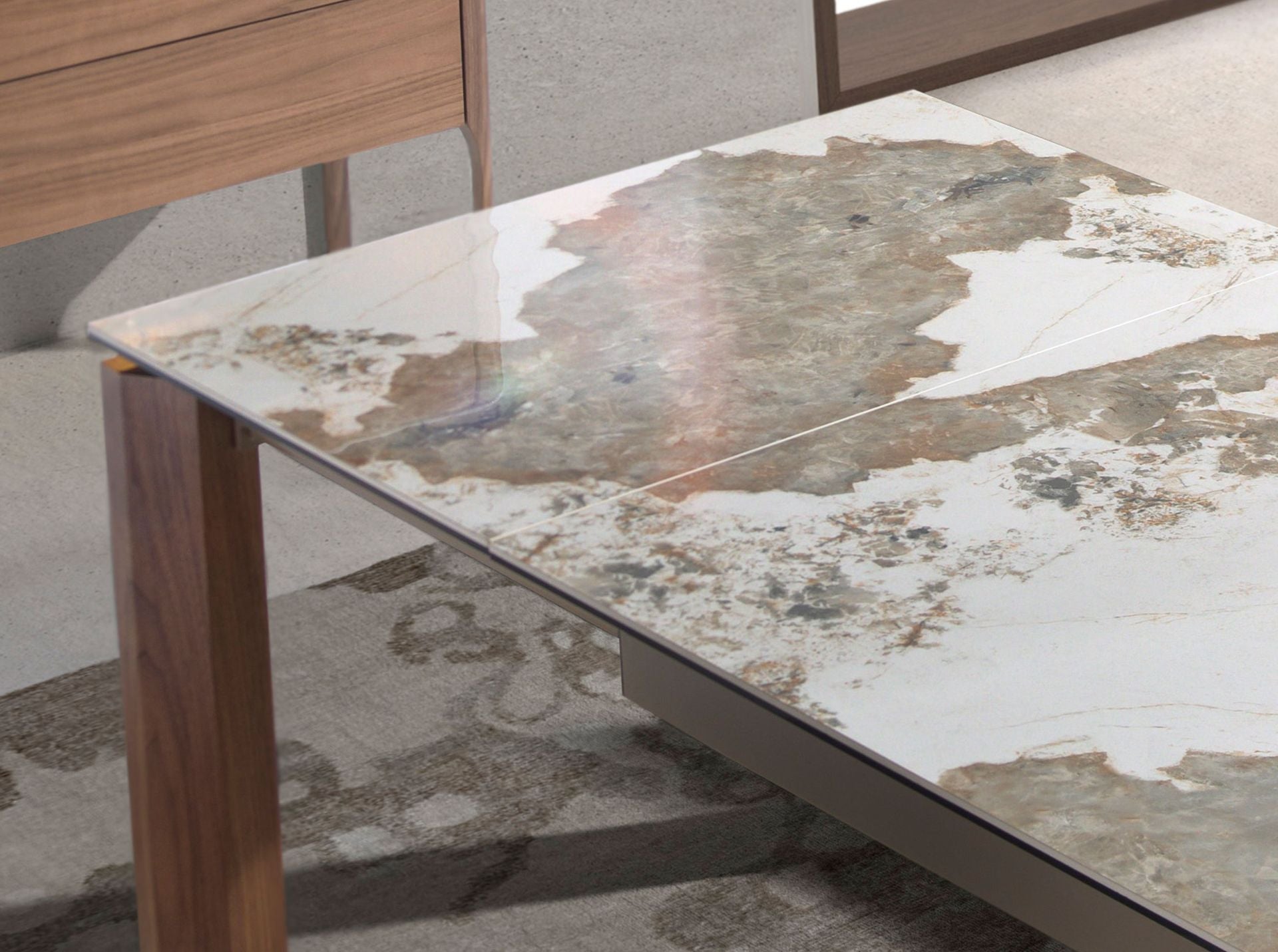 Tavolo da pranzo allungabile rettangolare marmo porcellanato e noce