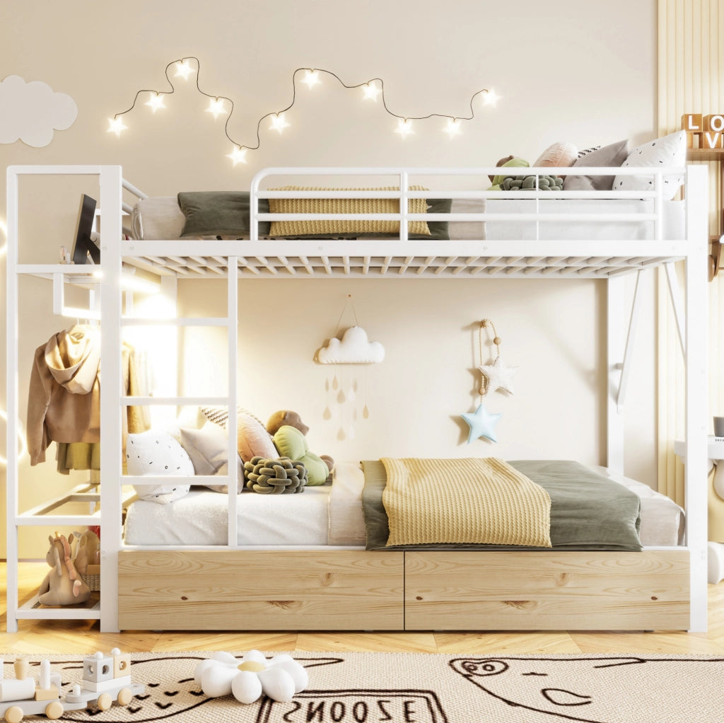 Letto a castello 140x200 cm in metallo e MDF bianco con LED; 2 cassetti e ripiani